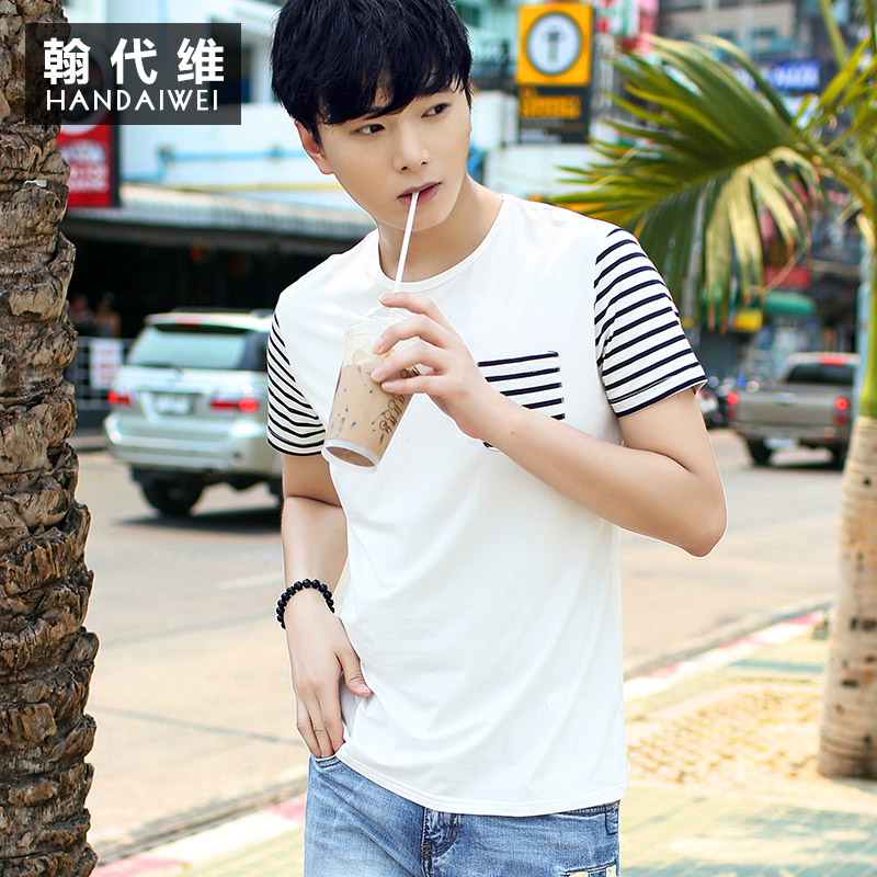 夏季新款潮流韓版修身圓領條紋男士短袖T恤 男小口袋