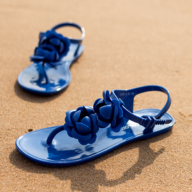 山茶花朵女涼鞋平底夏季夾腳丁字扣防滑度假沙灘拖鞋